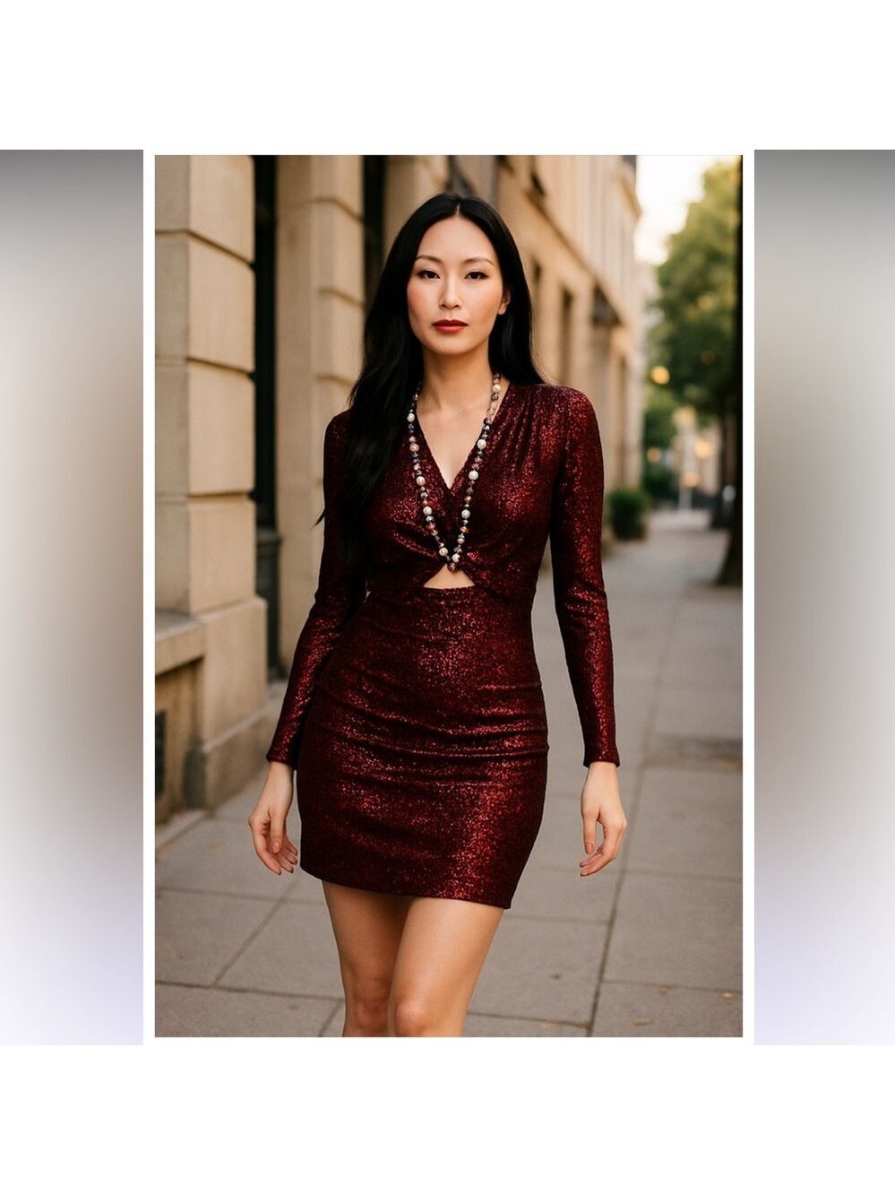 IORANE RED SEQUINED V NECK PEEKABOO MIDDLE SHEATH COCKTAIL DRESS 38/SMALL